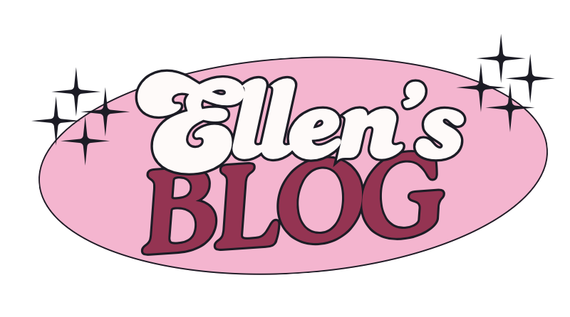 Logo that says "Ellen's Blog" with pink, burgundy, and black details. The text has a pink oval underneath it and there is black stars on either side.